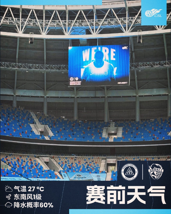 今日深圳主場氣溫27℃，降水概率極大，請球迷做好防雨準備