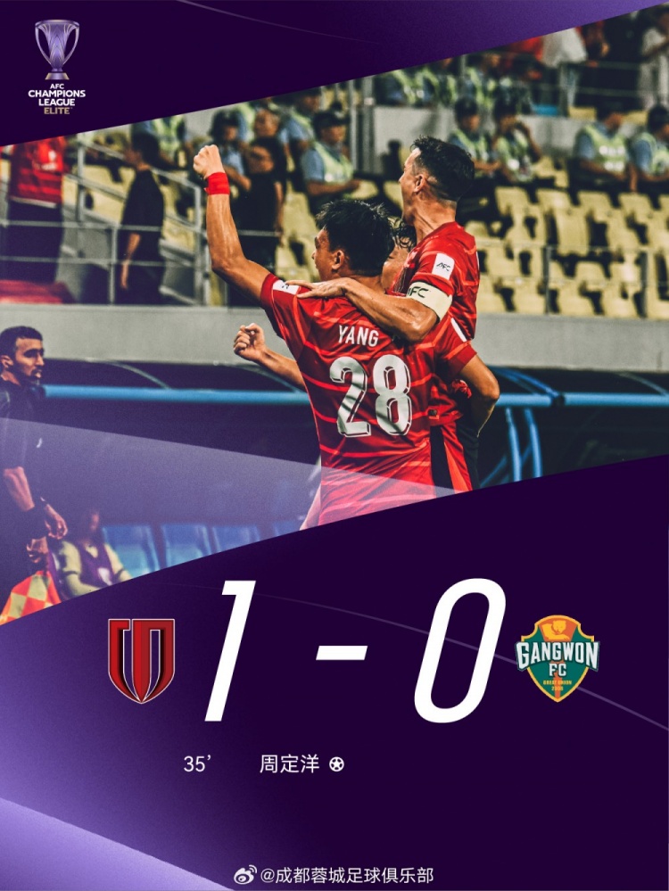 取得亞冠正賽首勝！成都蓉城1-0戰(zhàn)勝江原FC，周定洋獲得本場最佳